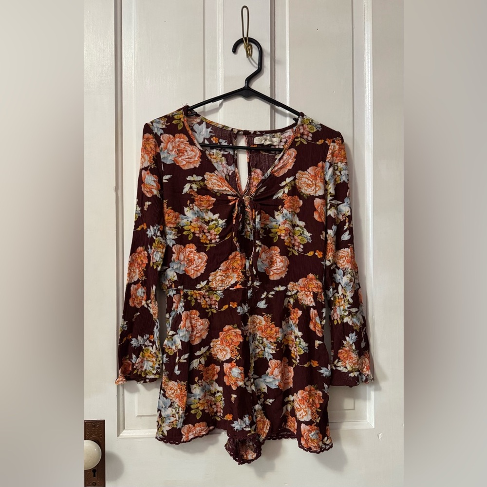 Rewind Burgundy Floral Tie-Front Romper with Orange & Cream Blooms